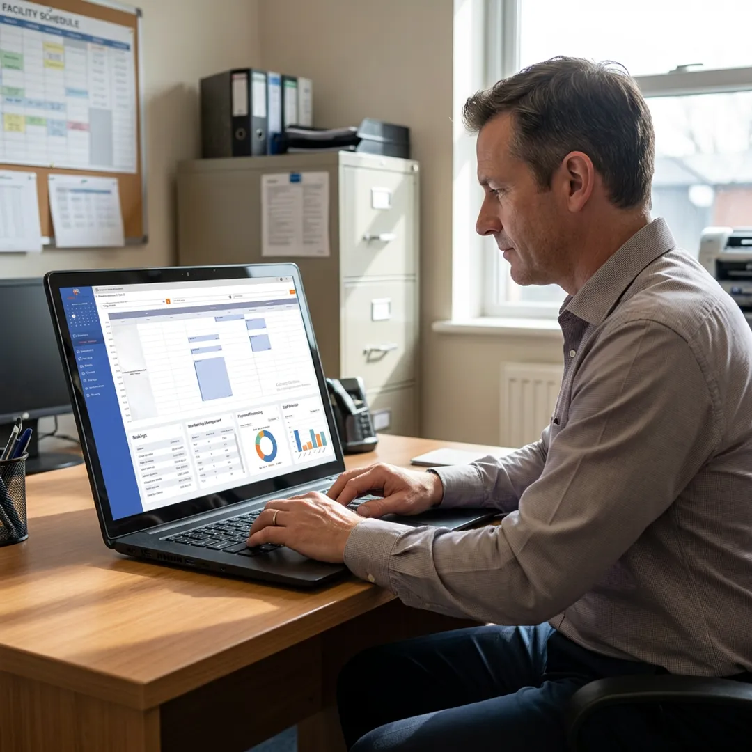 Facility manager reviewing scheduling software