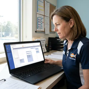 Swim school administrator reviewing lesson schedules