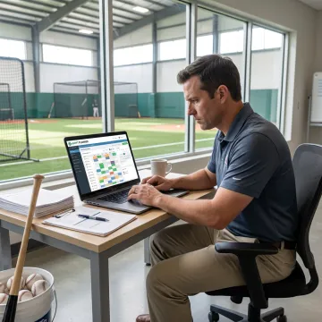 Coach managing baseball registrations on a laptop