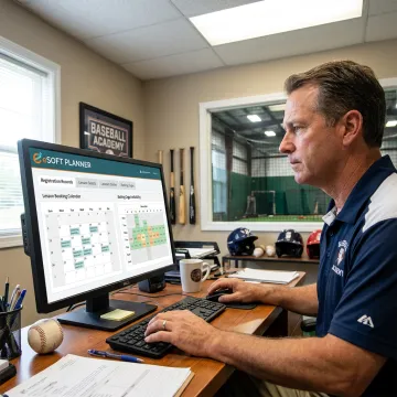 Baseball facility staff reviewing online schedules