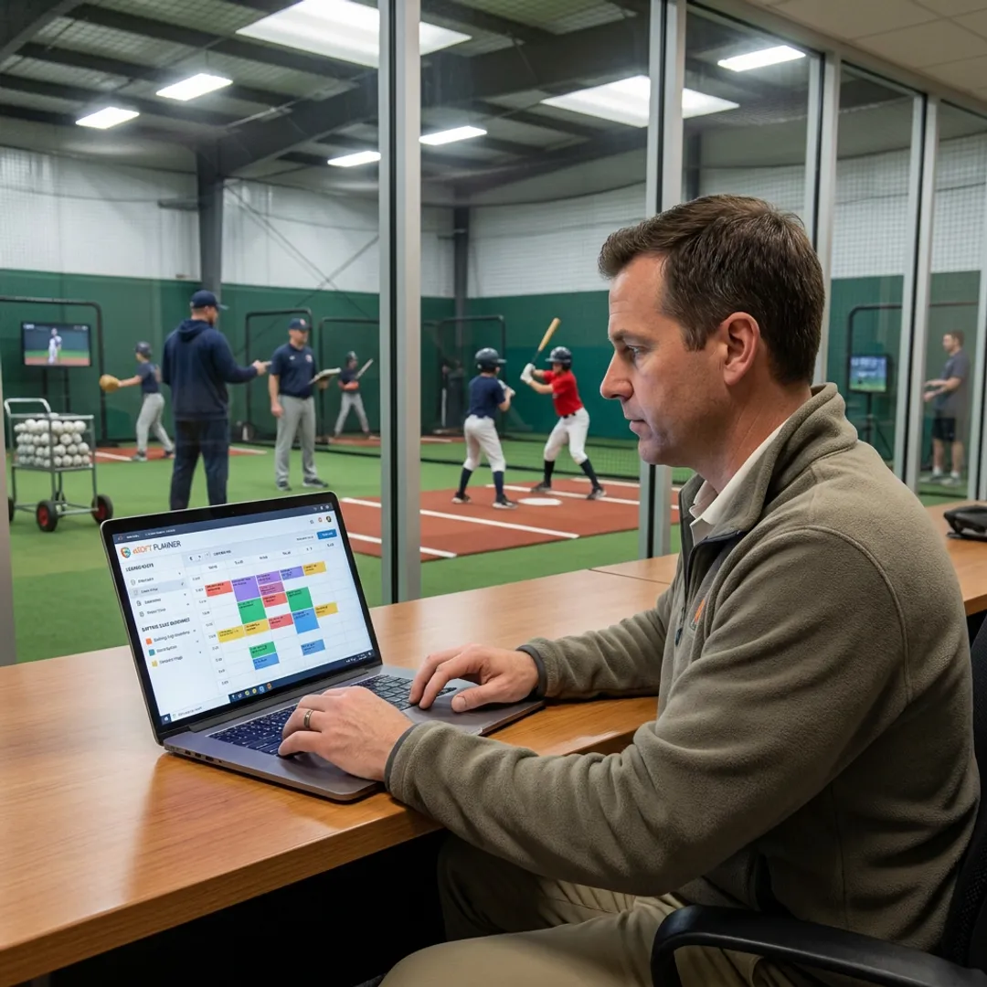 Baseball facility manager reviewing academy bookings