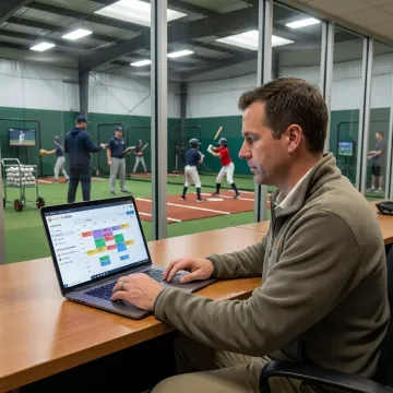 Baseball facility manager reviewing academy bookings