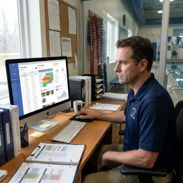 Staff reviewing swim club operations dashboard