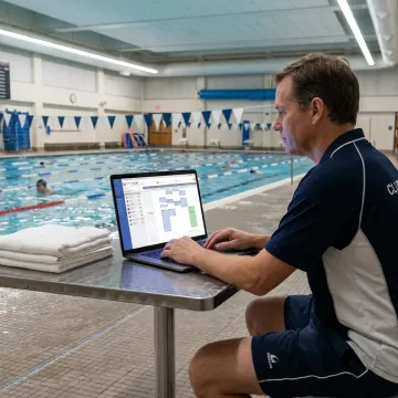 Swim club manager reviewing pool schedules