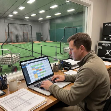 Staff member managing batting cage reservations
