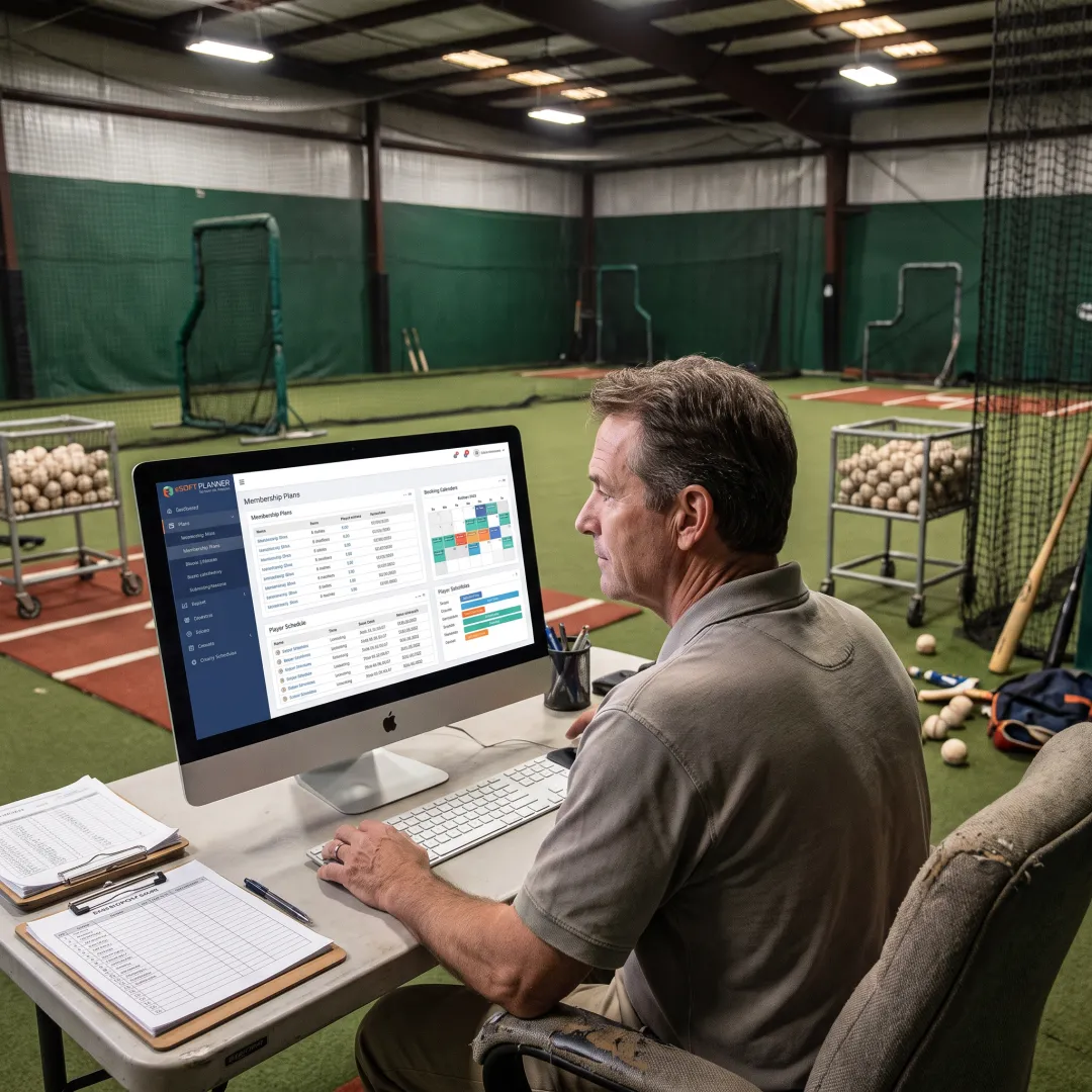 Baseball academy staff managing online memberships