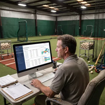 Baseball academy staff managing online memberships