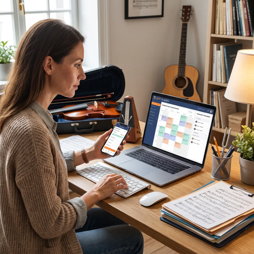 Music school administrator using scheduling software