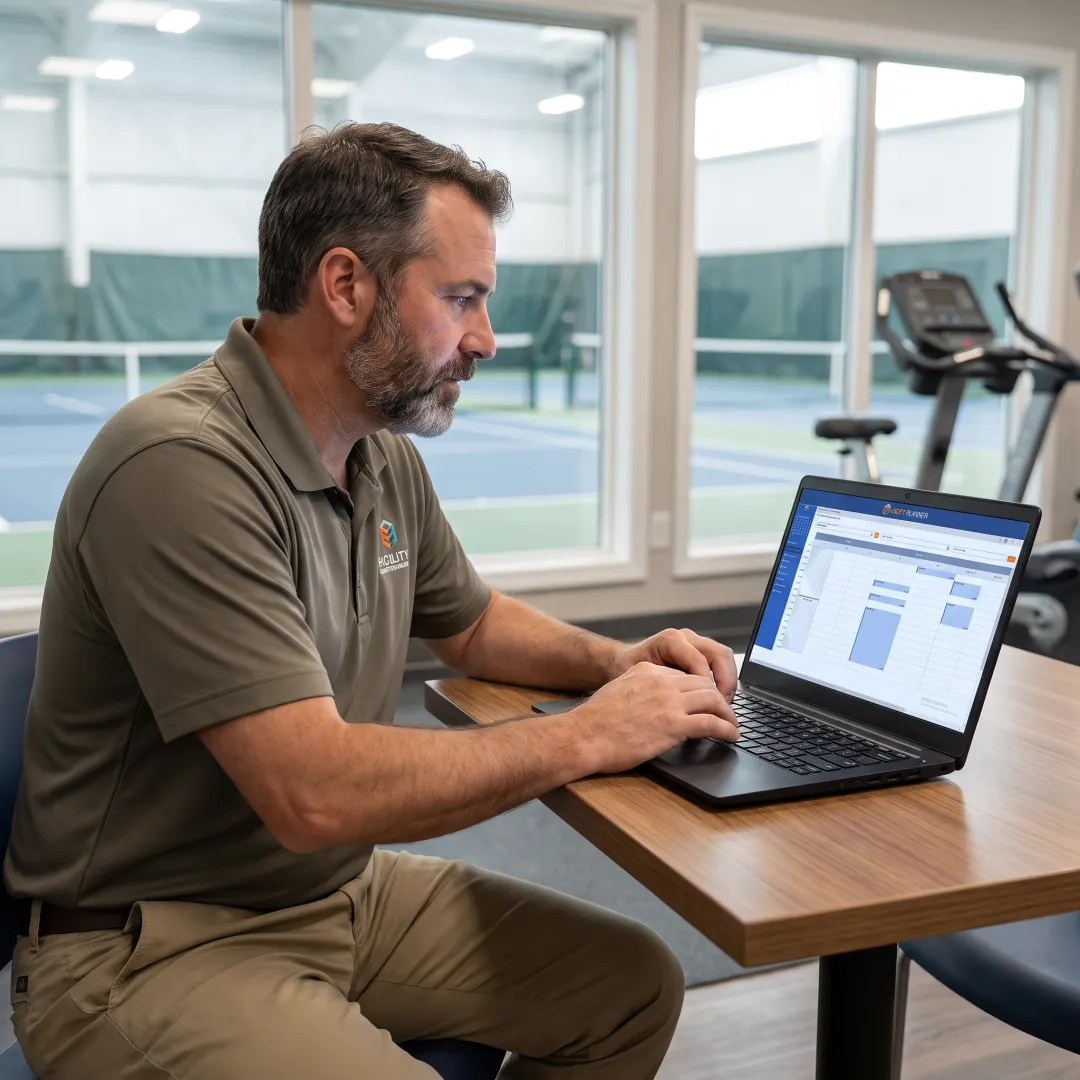 Sports facility manager reviewing an online schedule