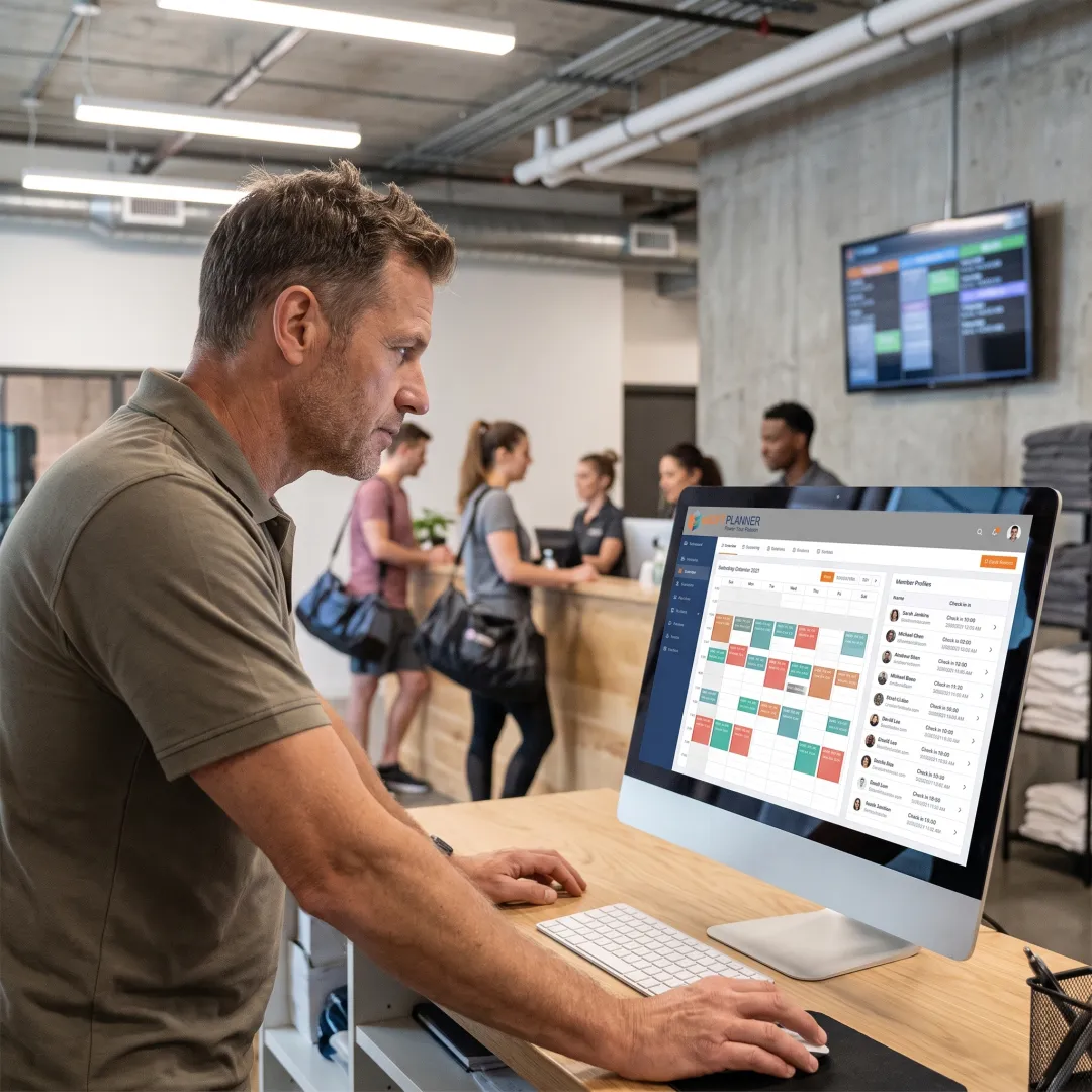 Sports facility manager reviewing digital member records