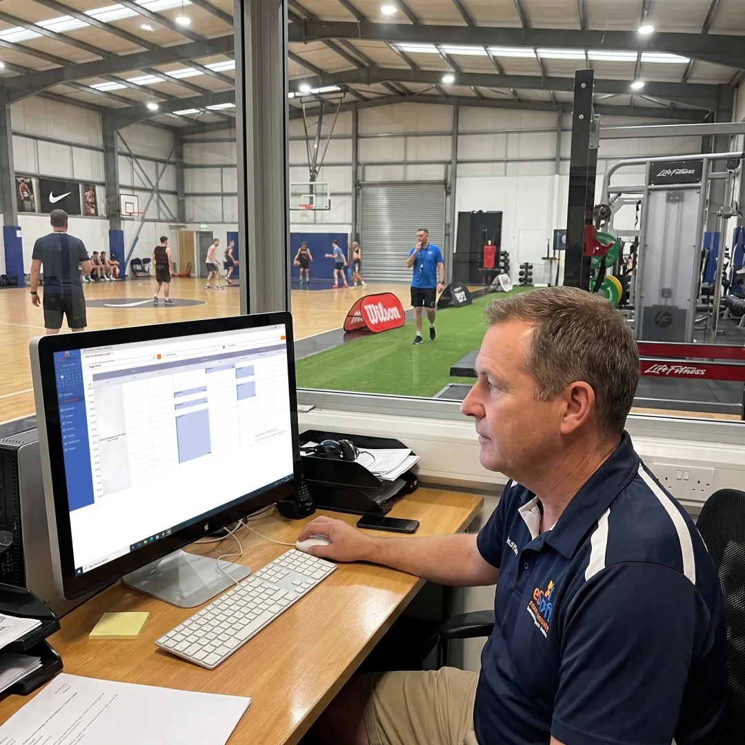 Sports facility manager reviewing booking dashboard