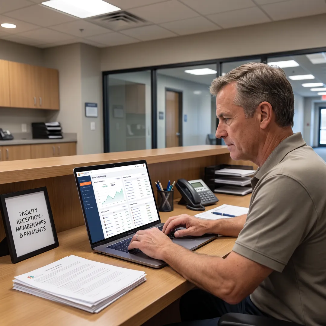 Facility manager reviewing memberships and payments