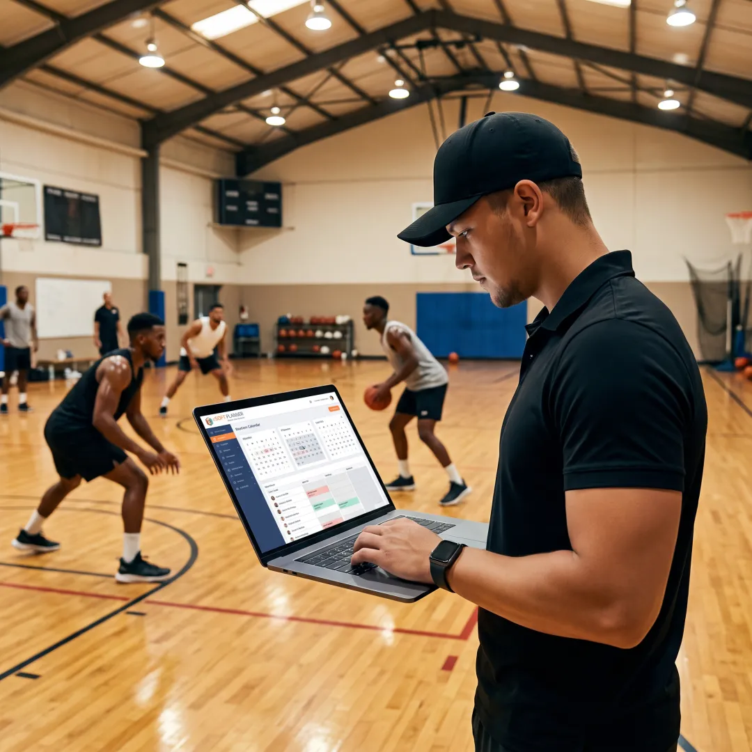 Sports club manager reviewing online registrations