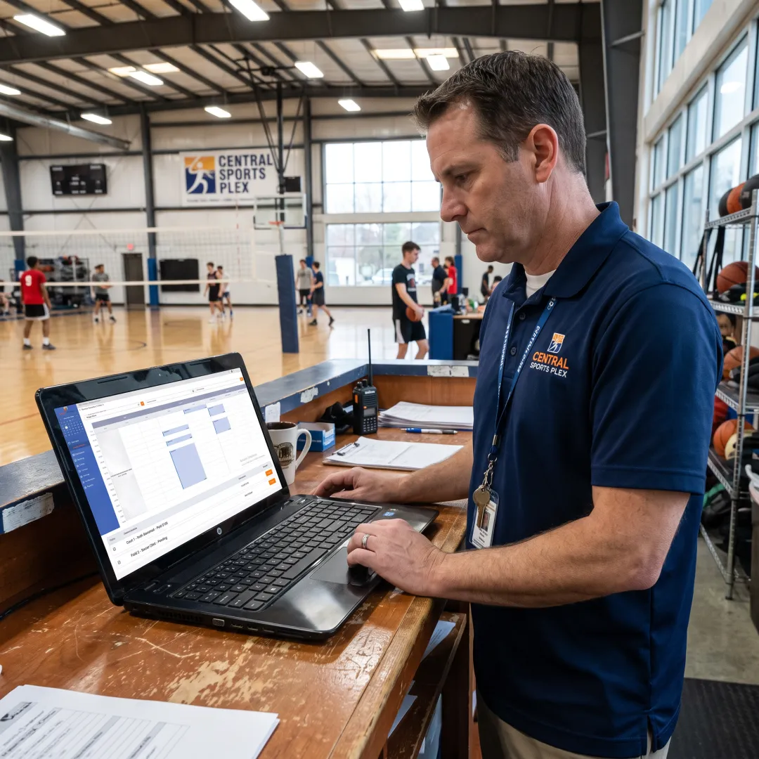 Sports facility manager reviewing online booking calendar