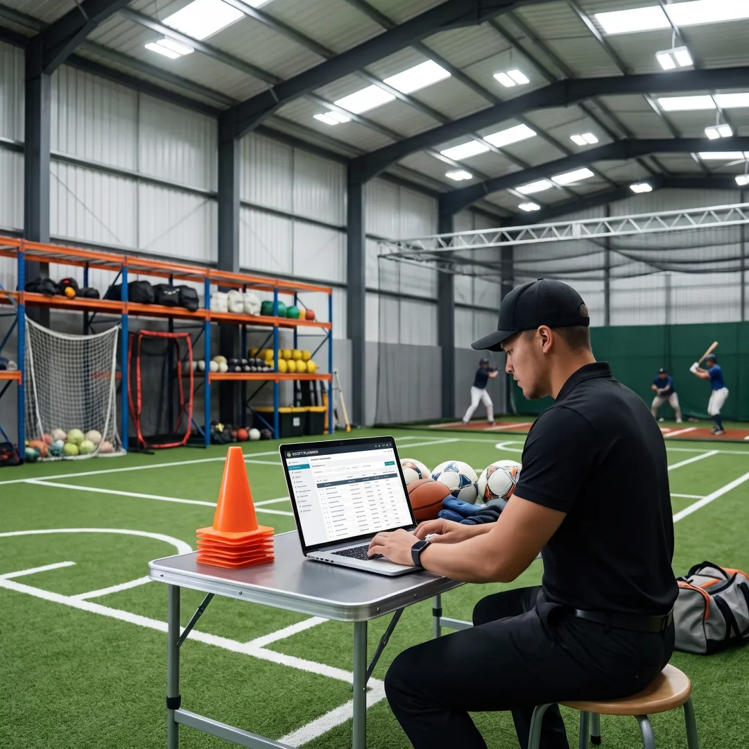 Coach managing baseball team schedules on a laptop