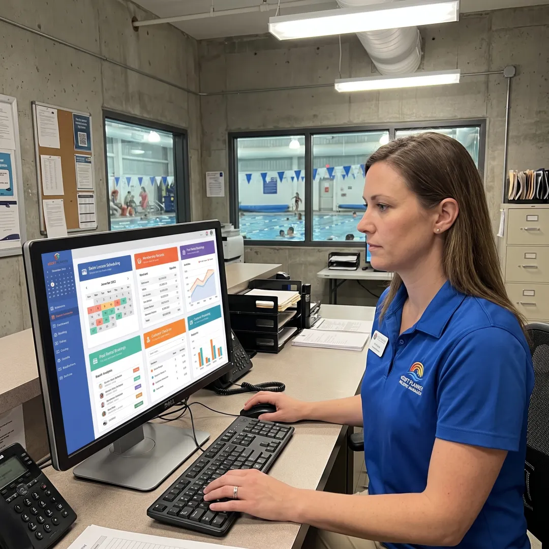 Staff member managing aquatic center bookings