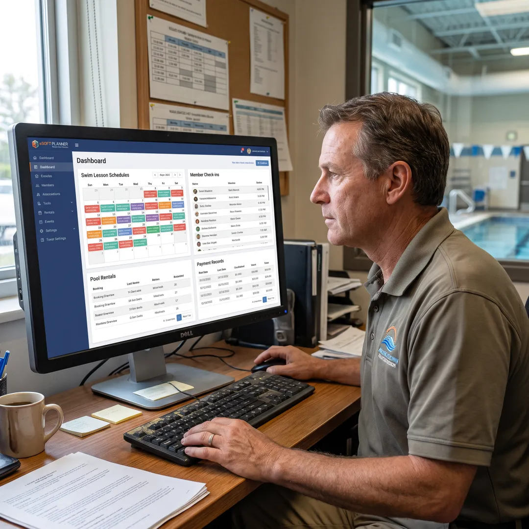 Swim facility manager using scheduling software