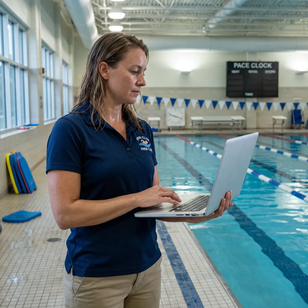 Swim club manager communicating with members