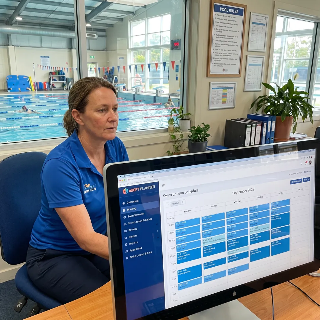 Swim club staff reviewing member schedules