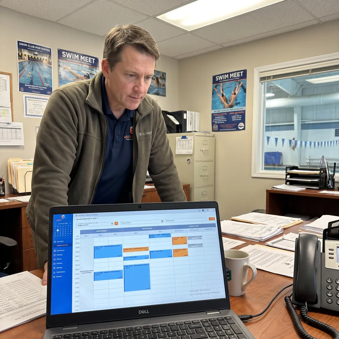 Swim club manager reviewing coach schedules
