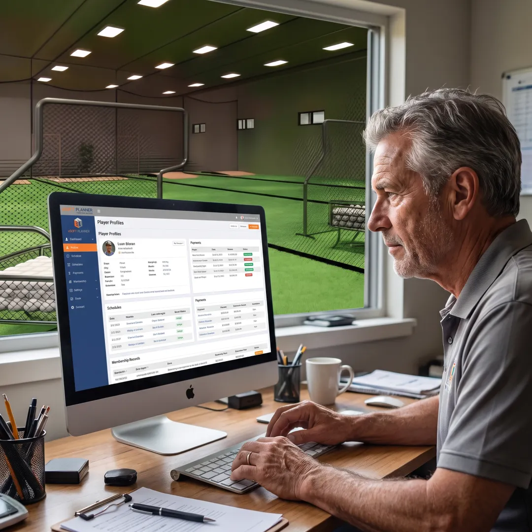 Softball facility manager reviewing member records