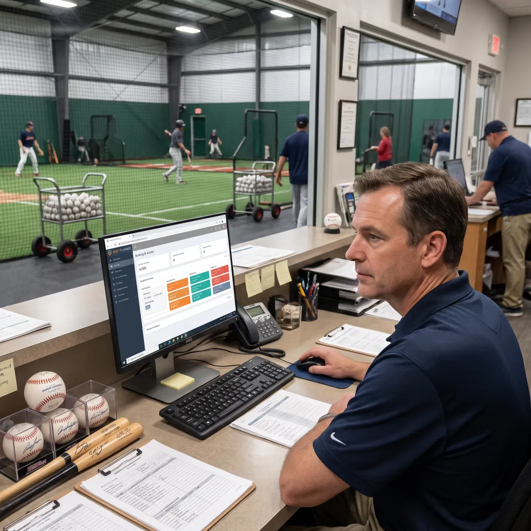 Staff member managing baseball facility access software