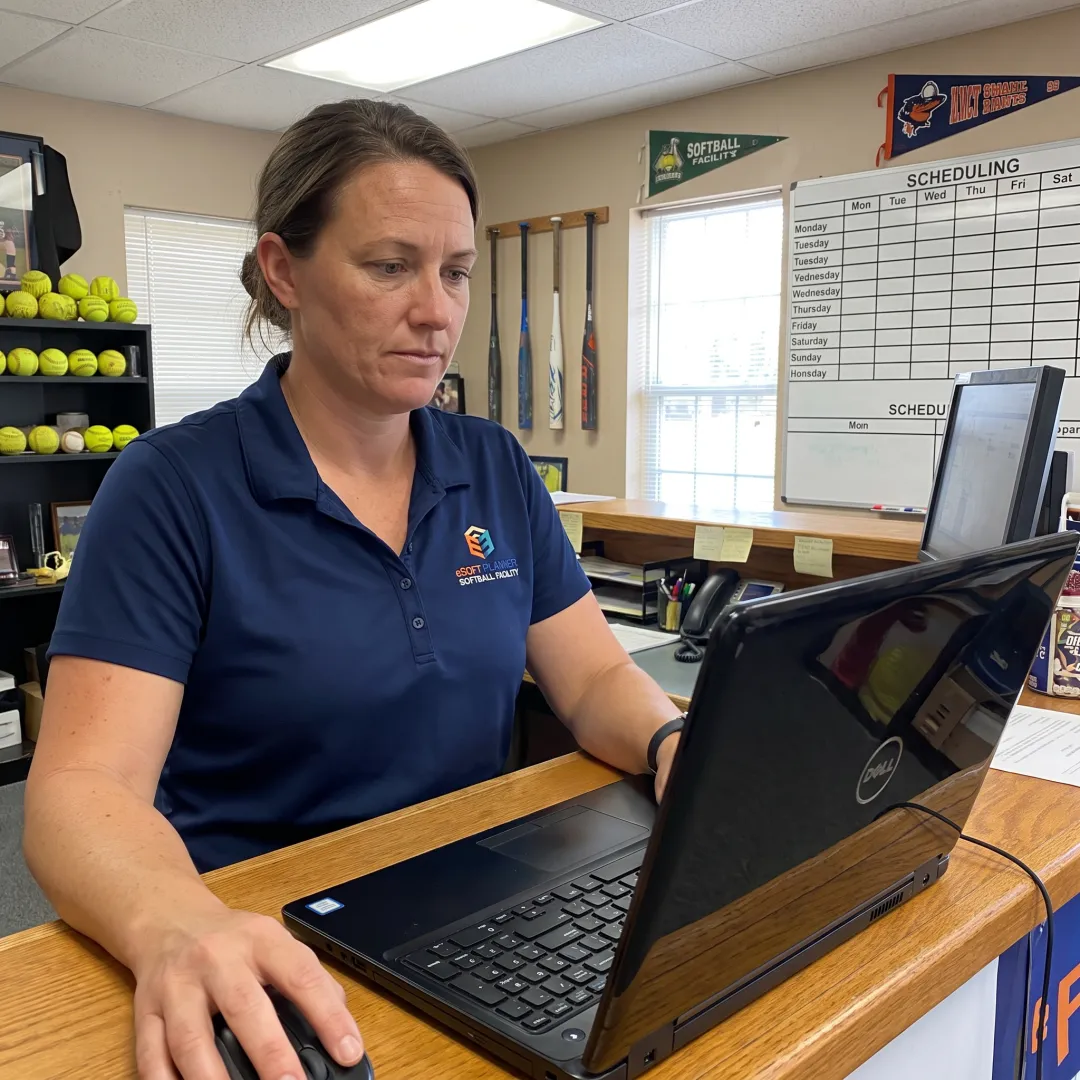 Staff member managing softball facility payments