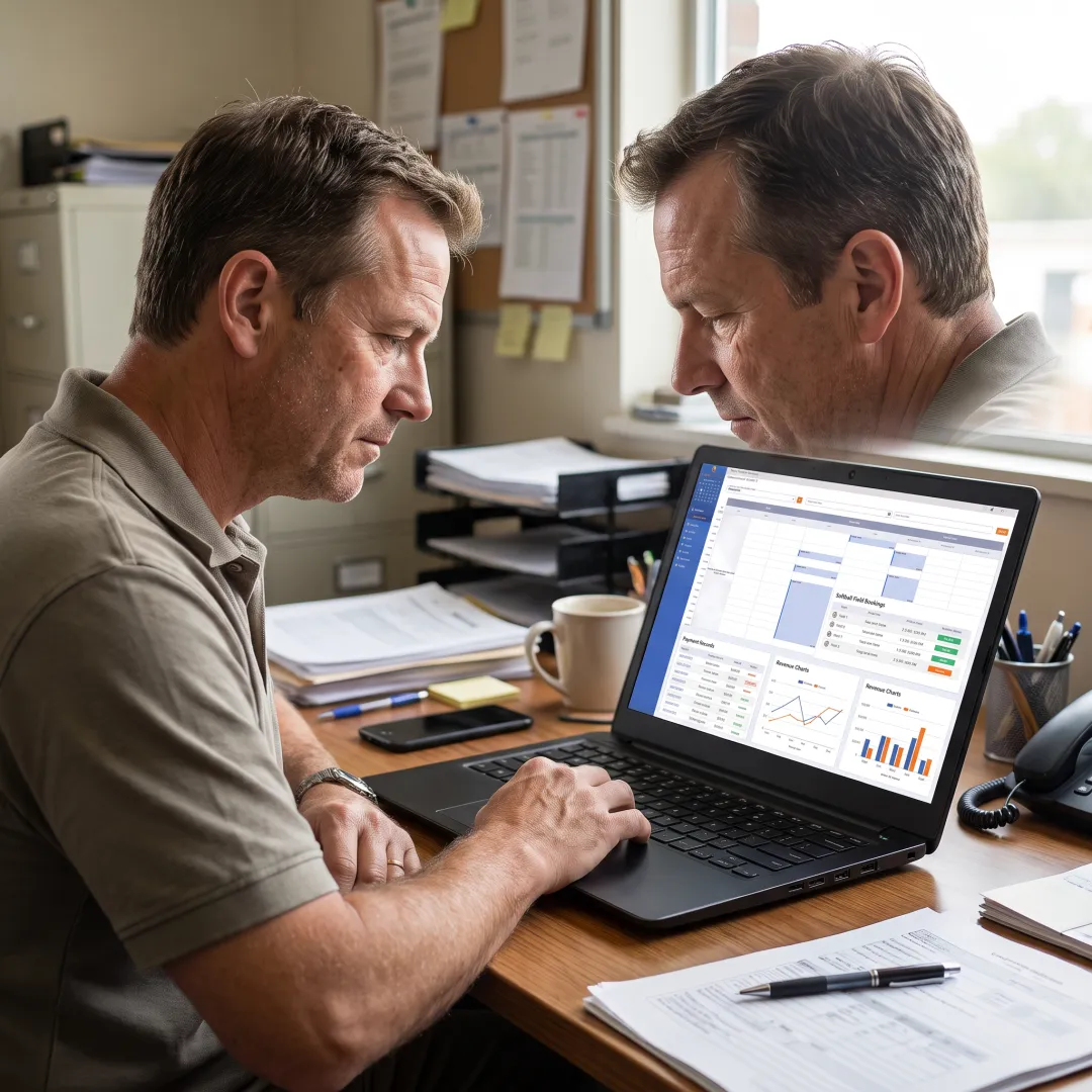 Softball facility manager reviewing bookings and payments