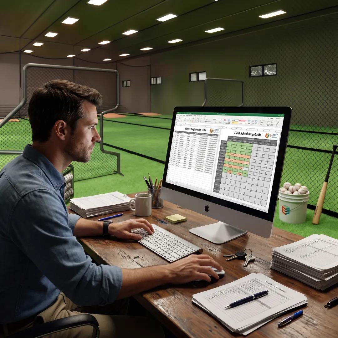Baseball facility manager reviewing registrations