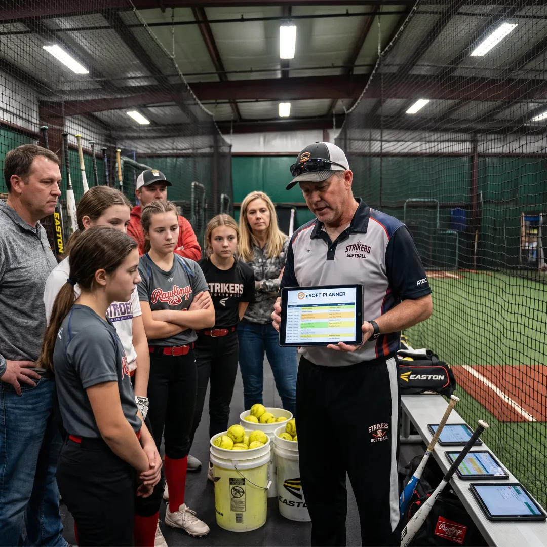Softball coach reviewing facility schedule with athletes