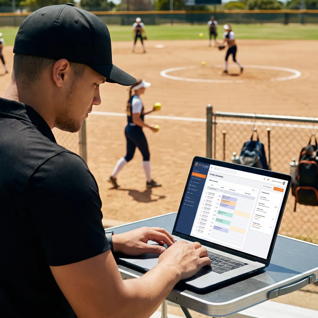 Softball coach managing team schedules on a laptop