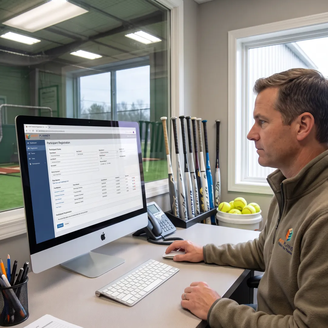 Staff member reviewing softball registrations online