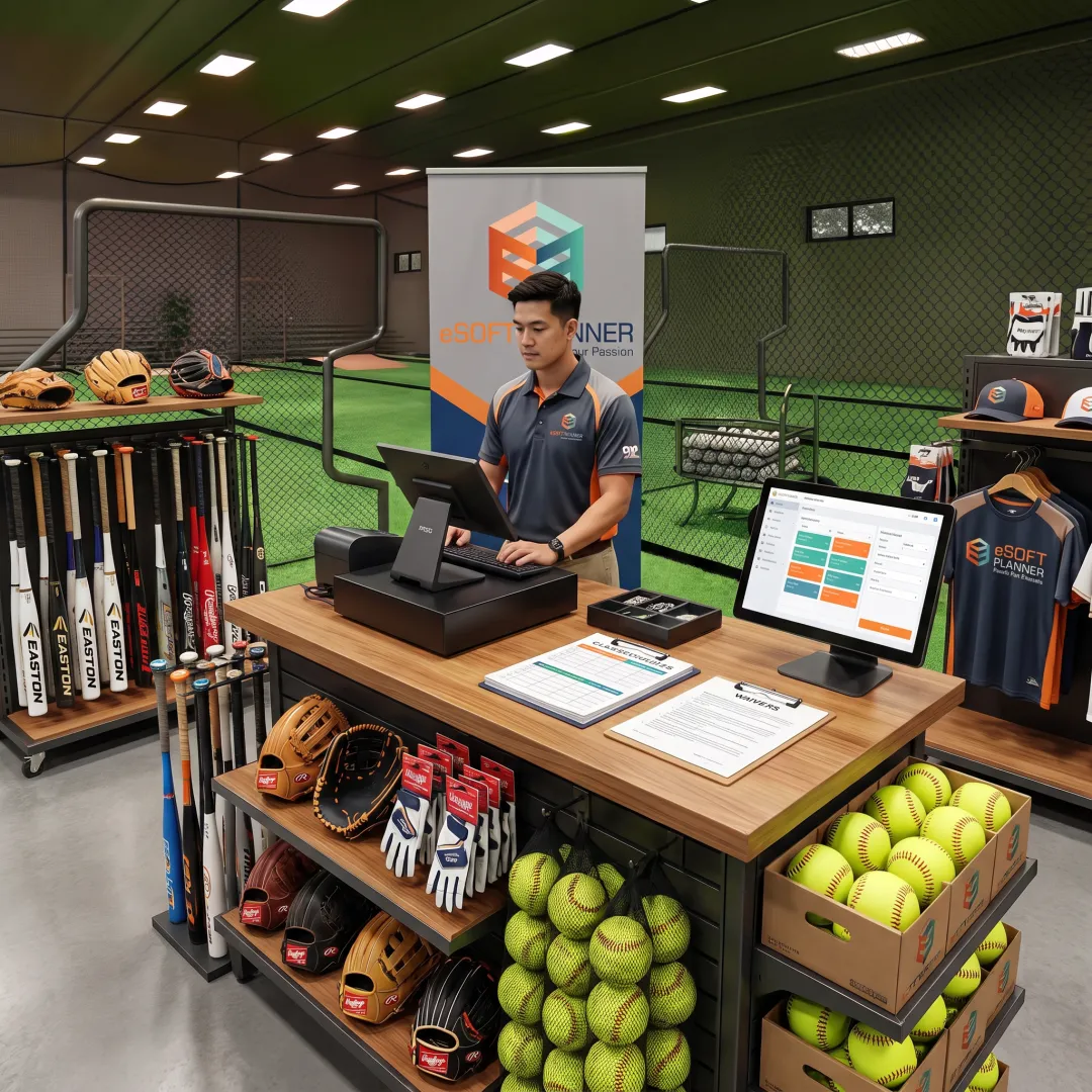 Staff member using POS software at a softball facility front desk