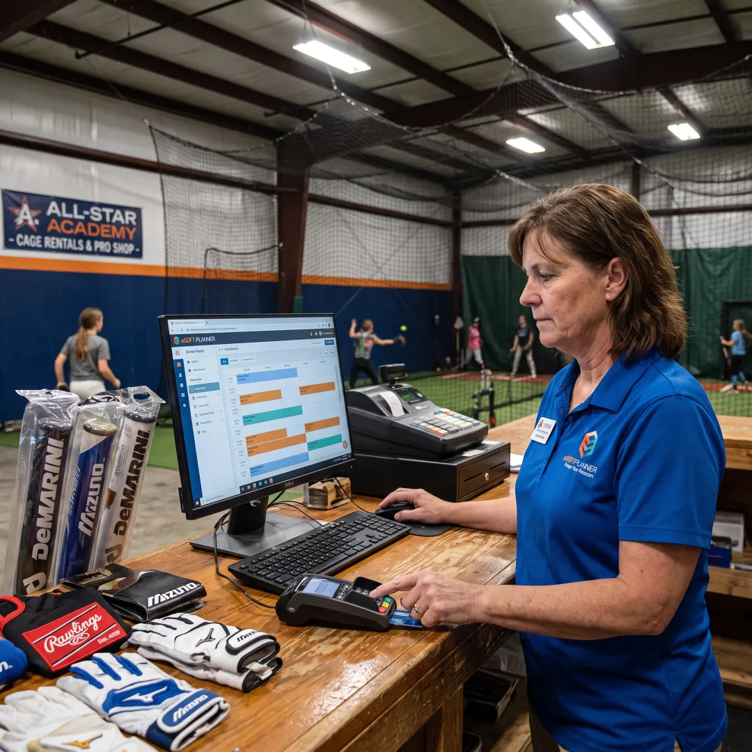 Softball facility employee managing retail sales and reservations