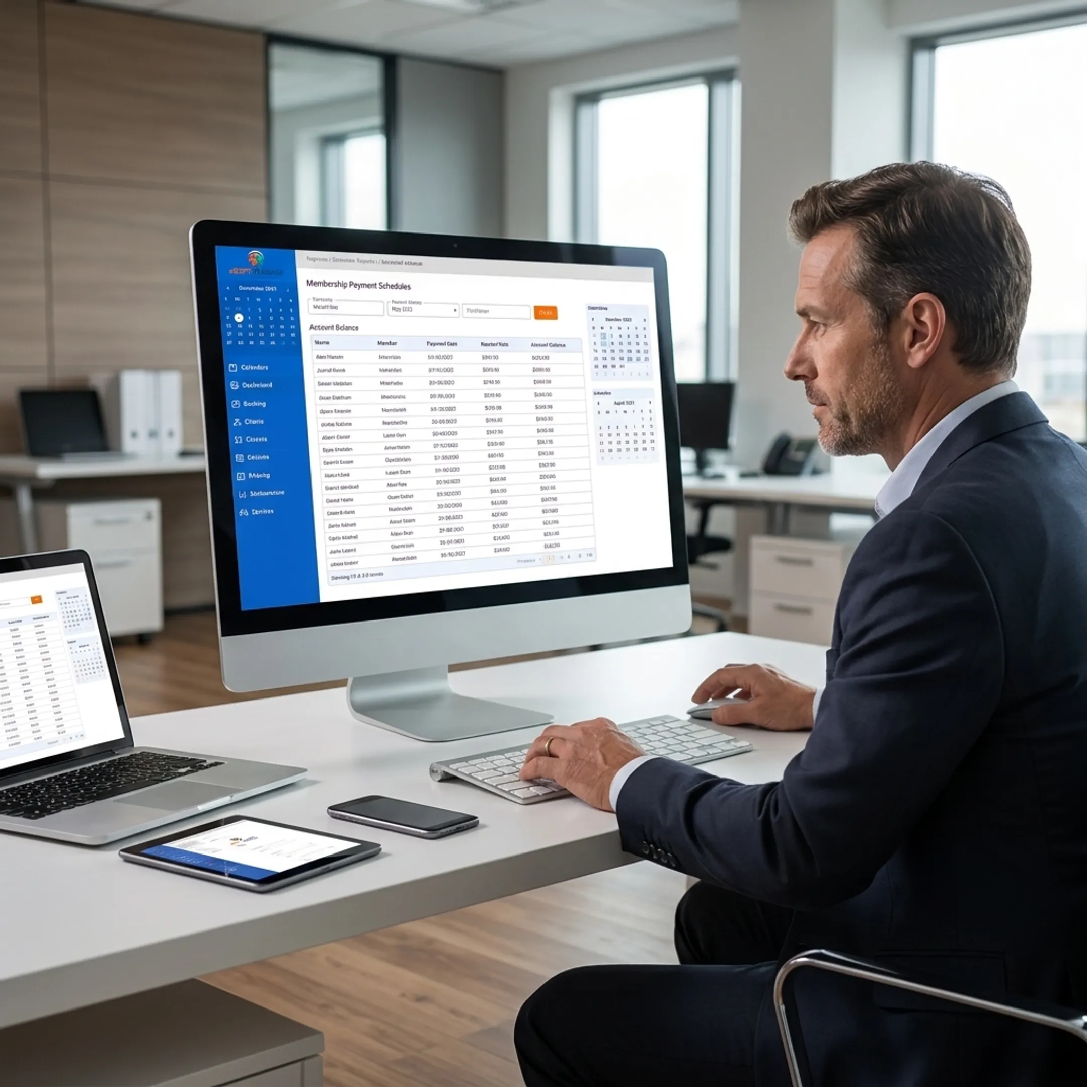 Manager reviewing recurring membership payments on software dashboard