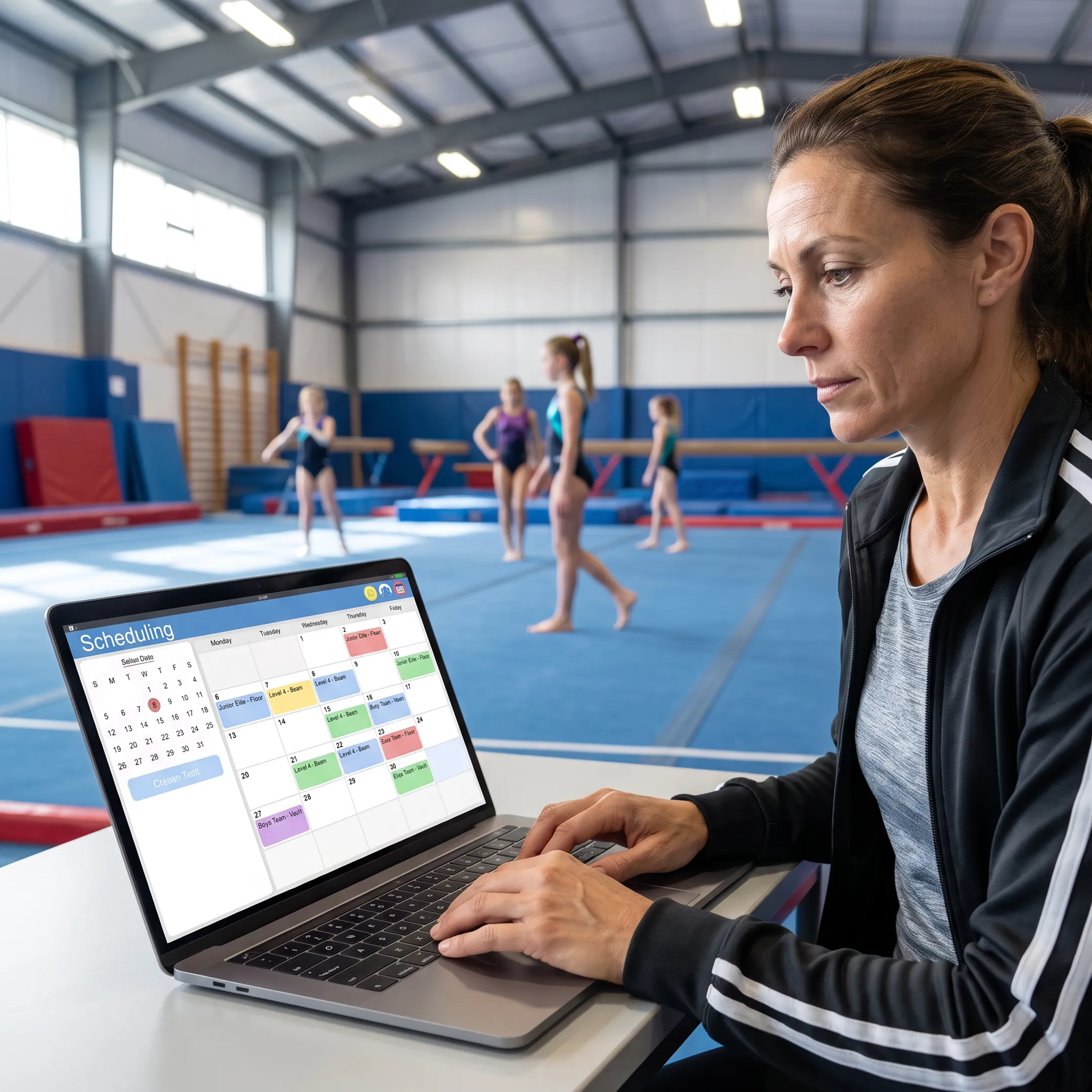 Gymnastics coach managing class schedules on a laptop