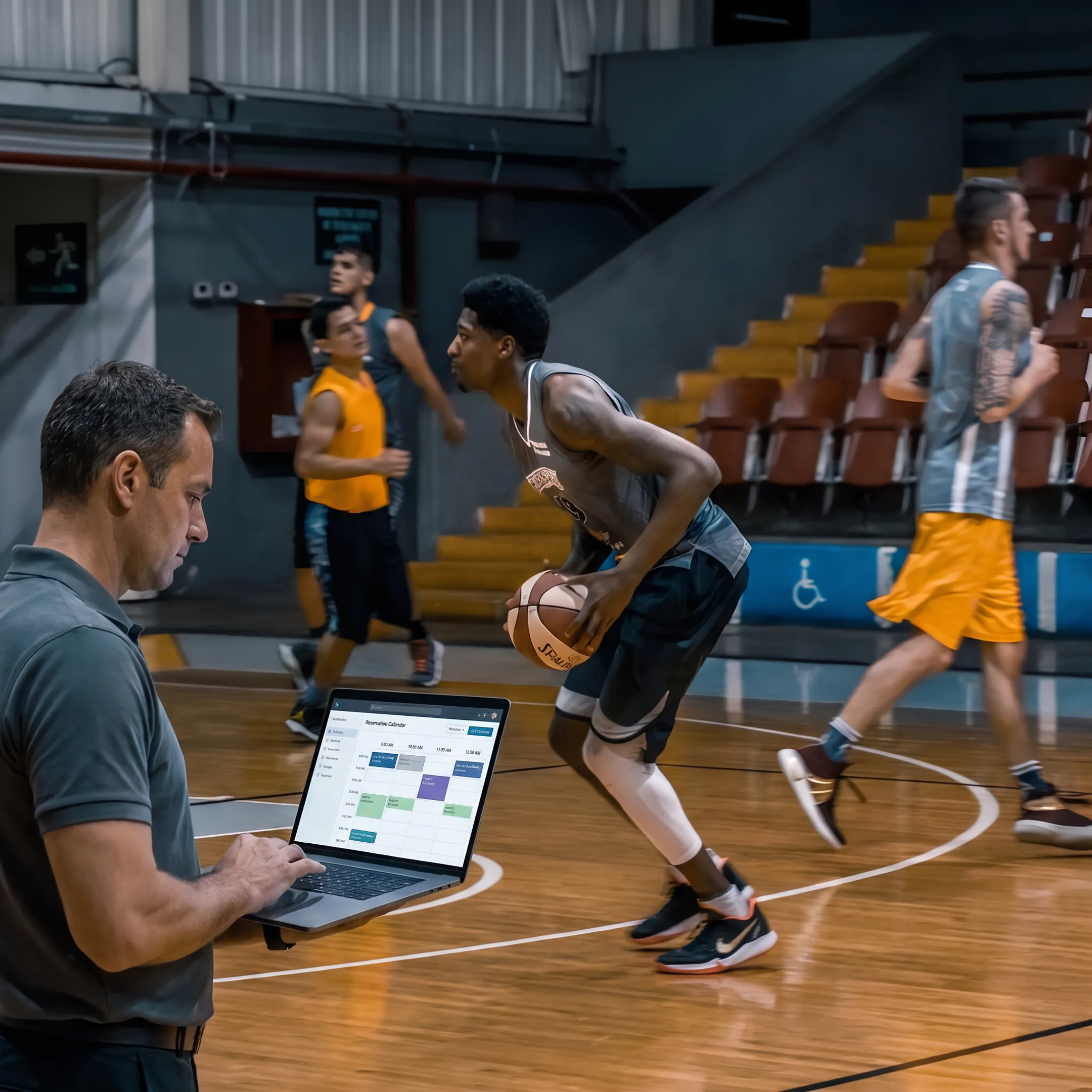 Basketball facility manager reviewing court reservations