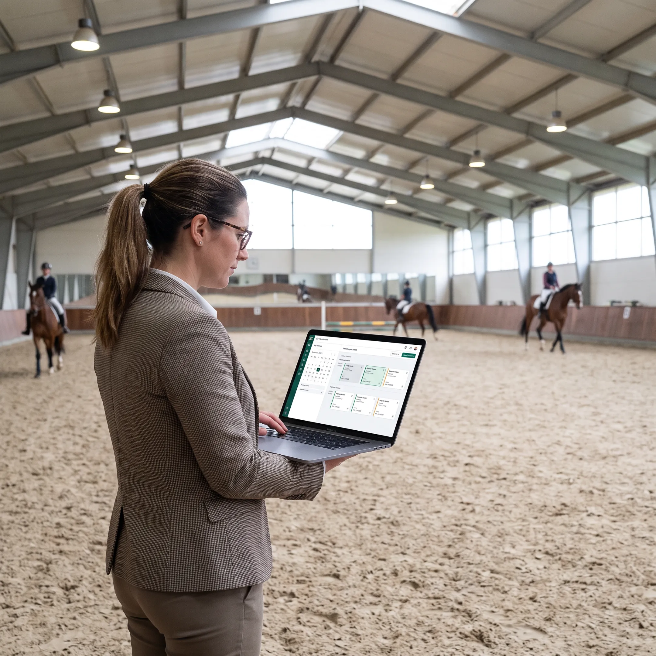 Riding instructor managing lessons on software
