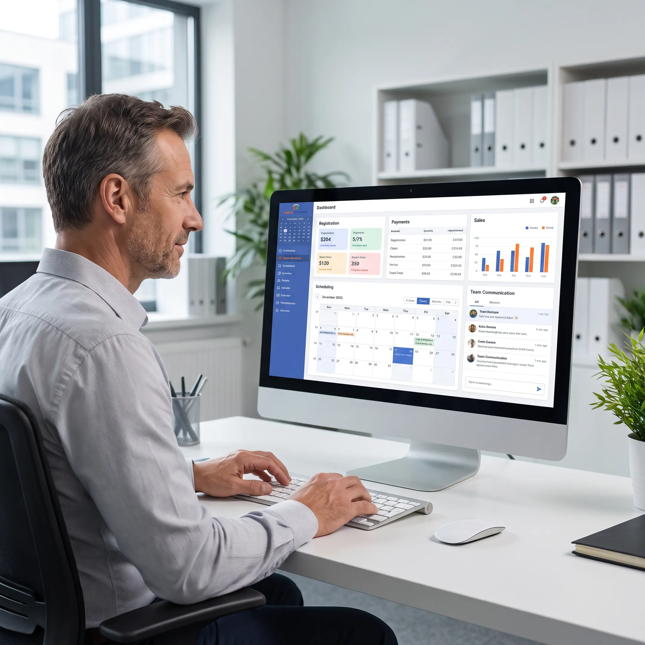 Sports administrator reviewing team management software