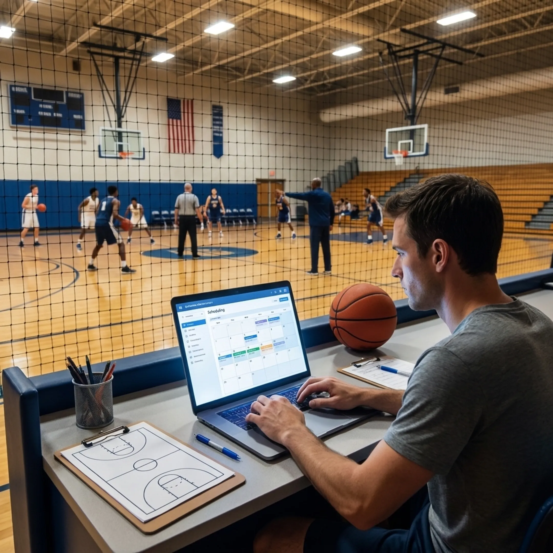 Basketball administrator using venue management software
