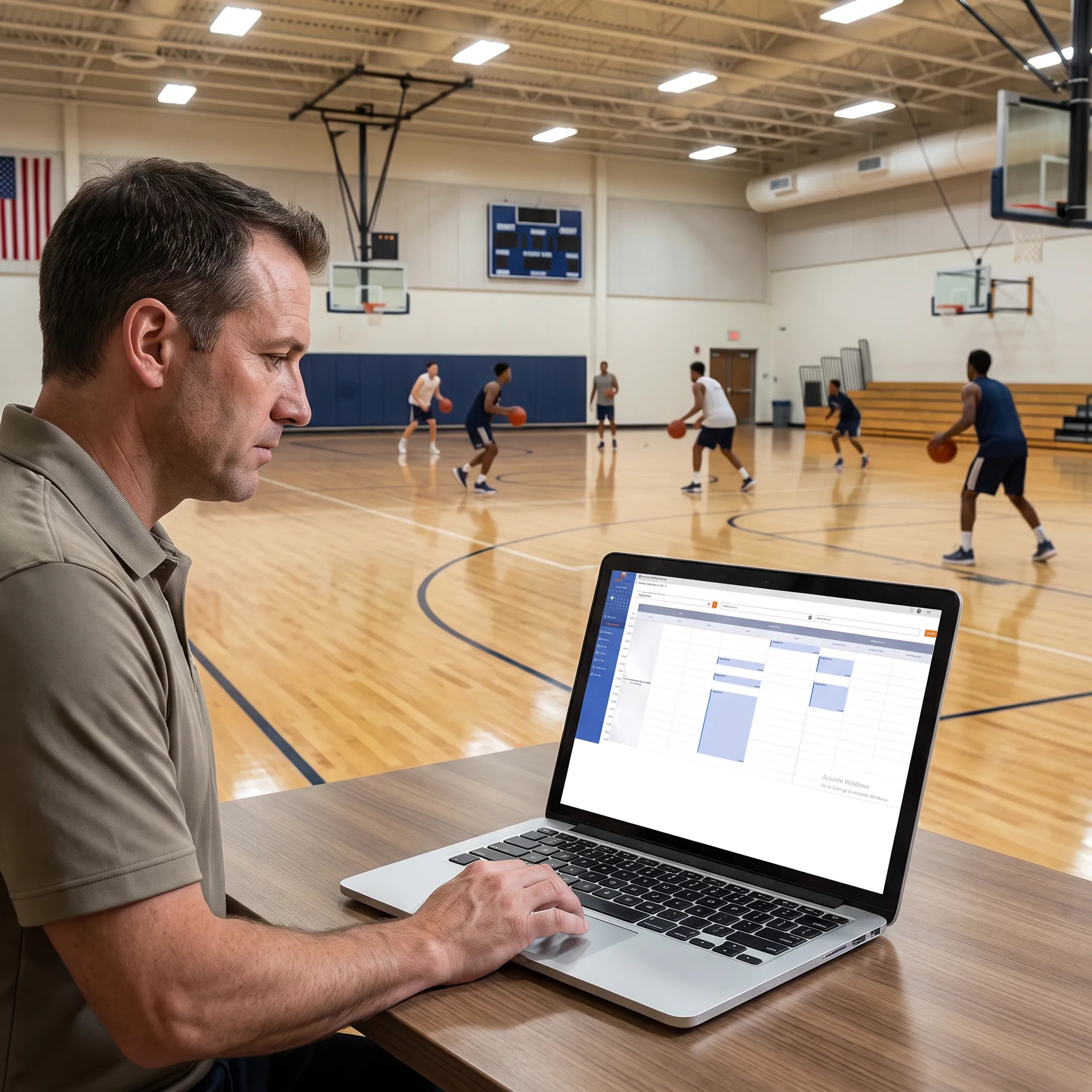 Basketball facility manager reviewing court schedules
