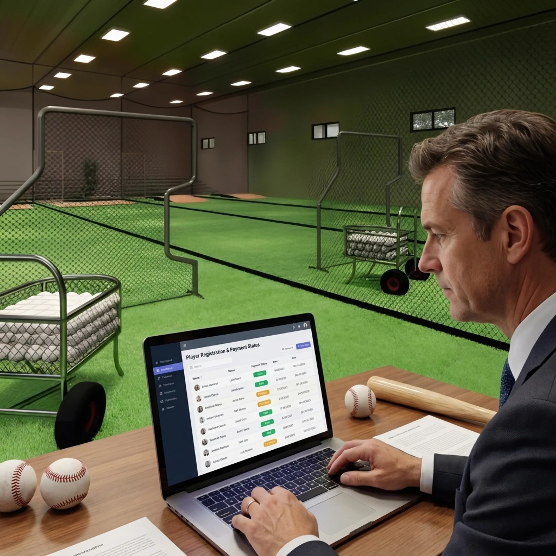 Baseball administrator reviewing online registrations