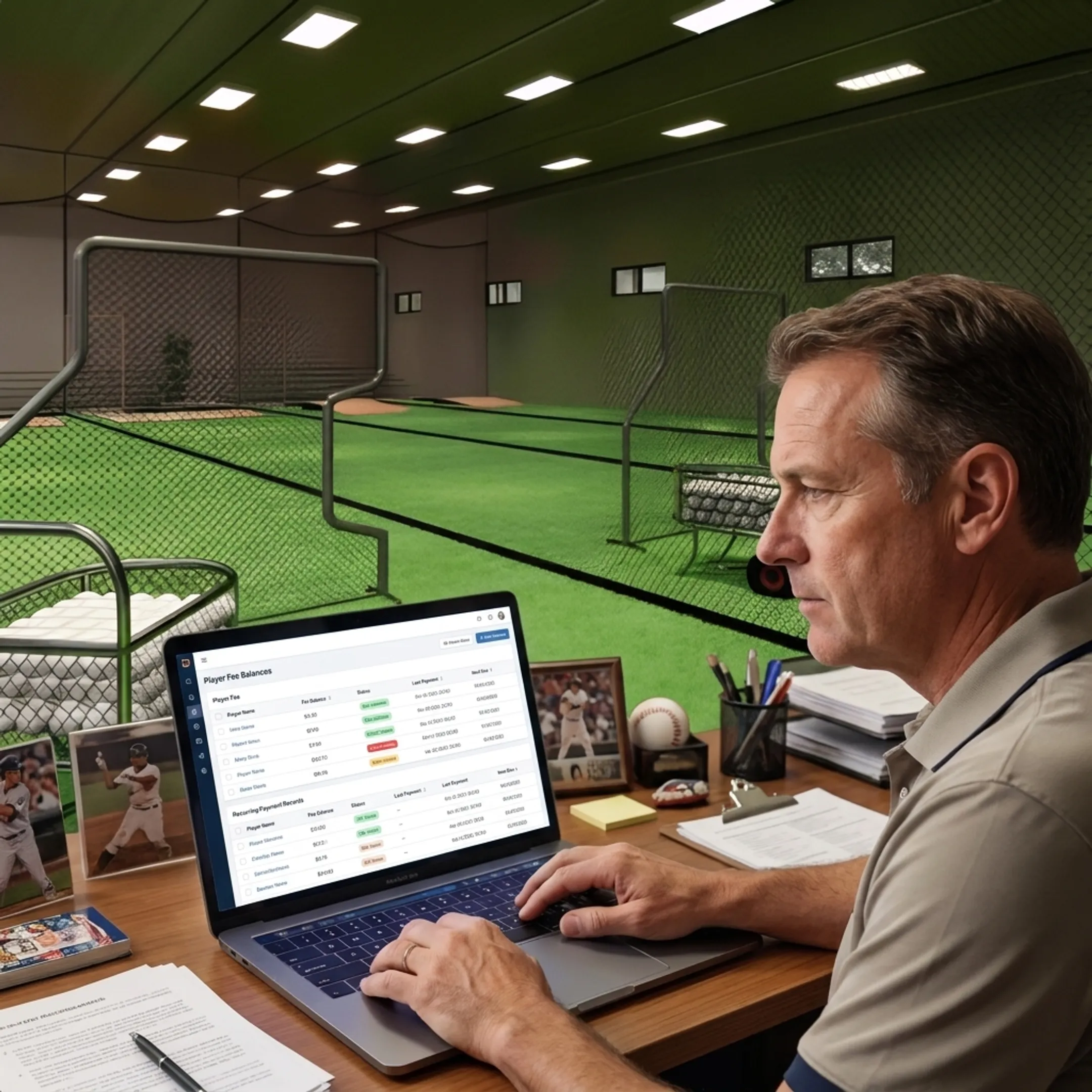 Sports administrator reviewing player payment records