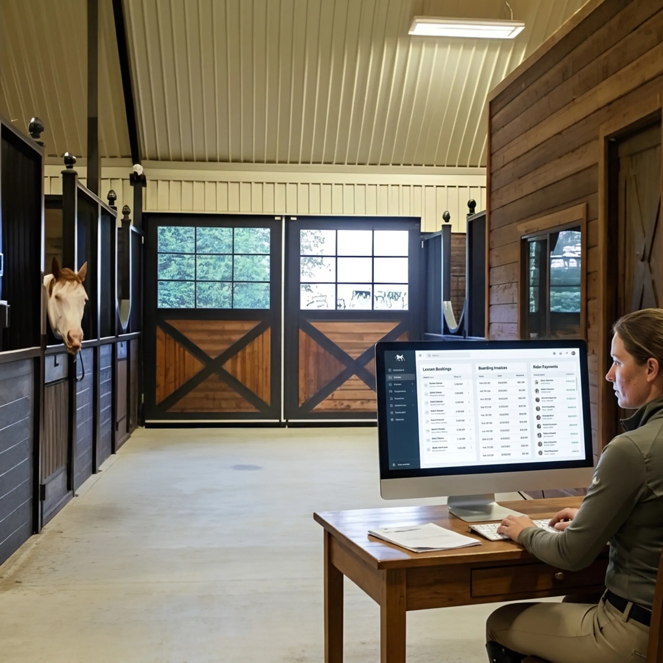 Riding facility staff member managing bookings and payments online