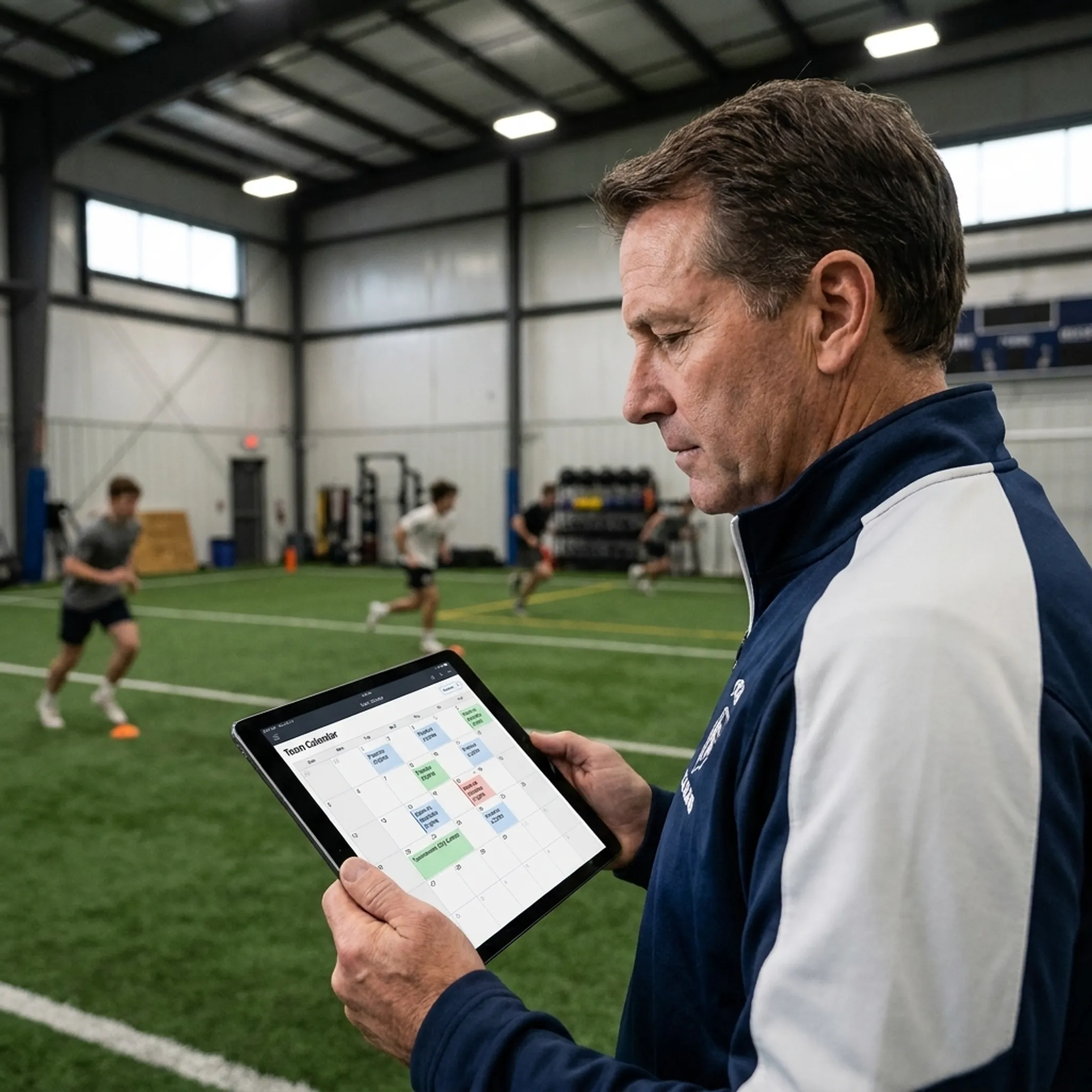 Coach reviewing a team practice and game calendar