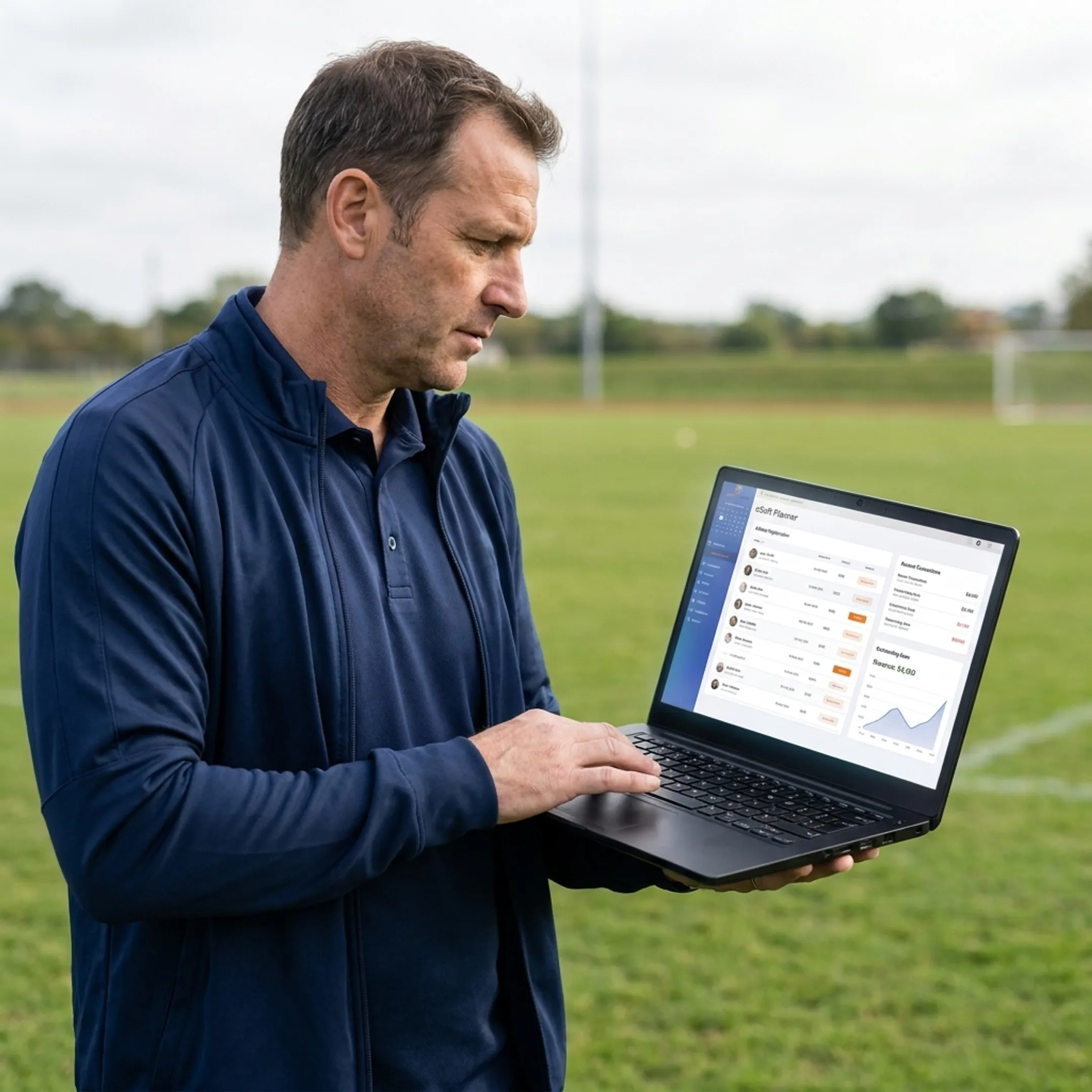 Coach managing team schedules on a laptop