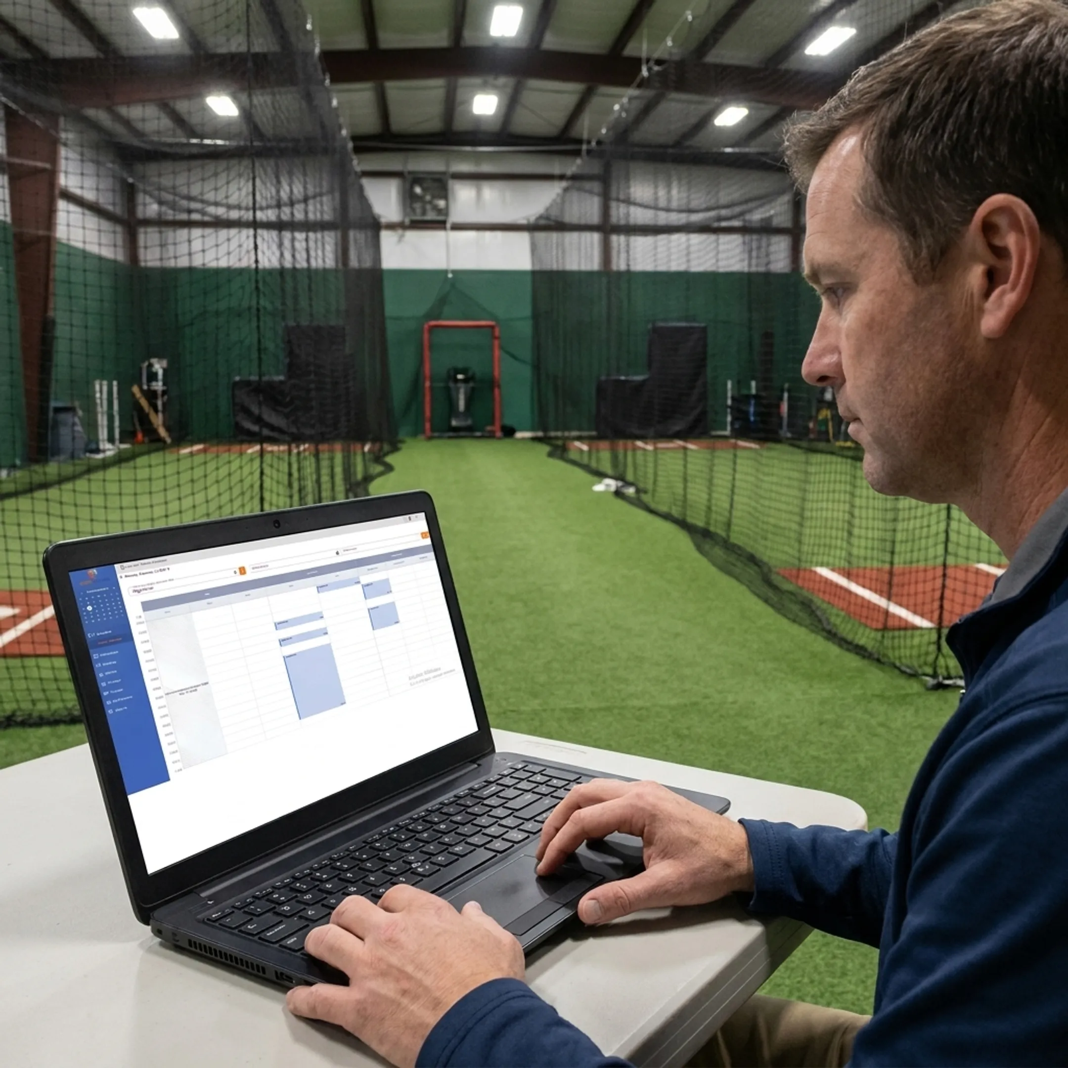 Baseball facility manager reviewing a digital schedule