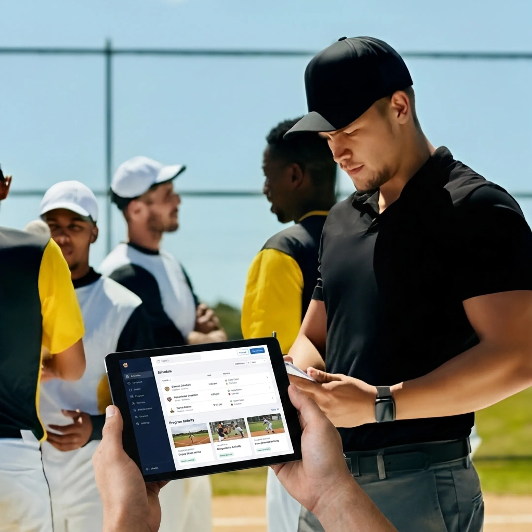 Baseball coach organizing team schedule on a tablet