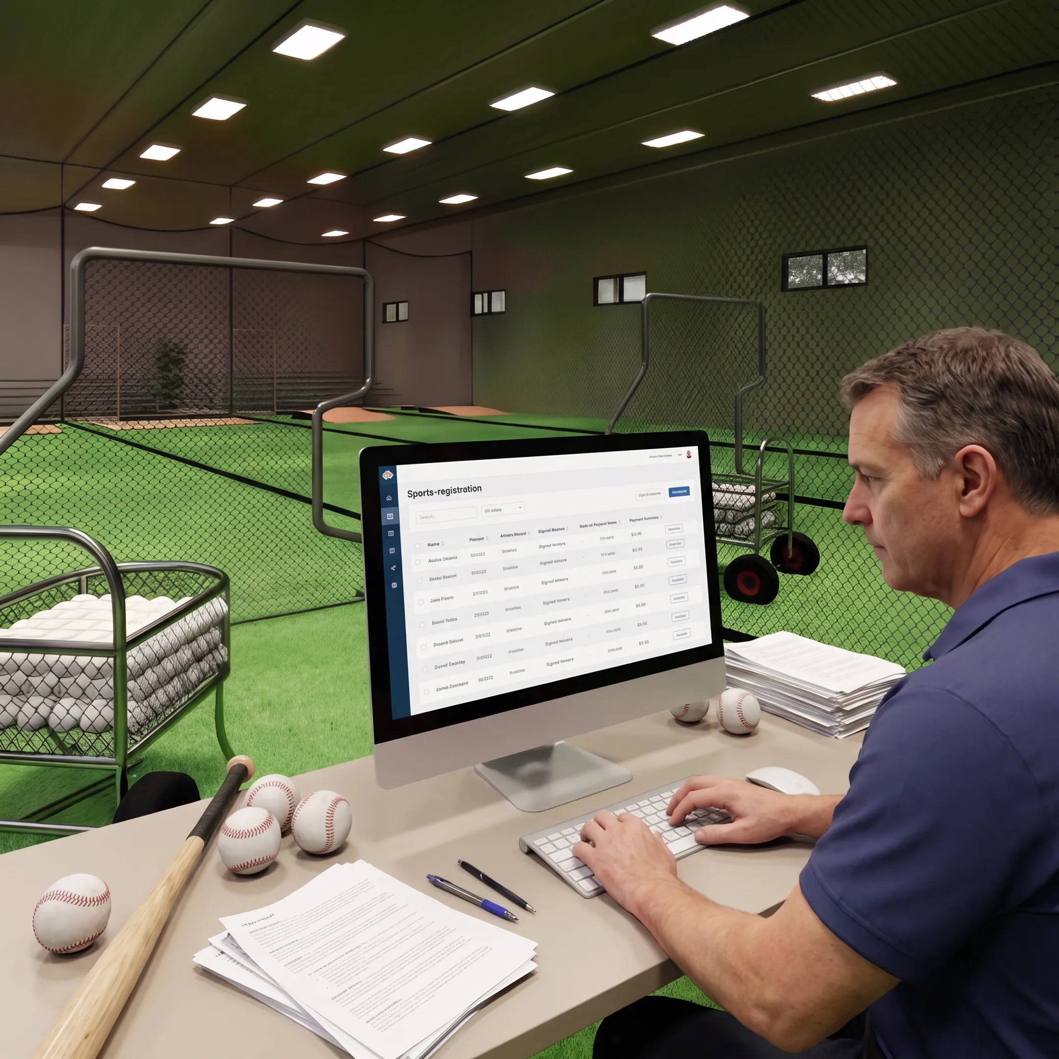 Sports administrator reviewing digital player documents