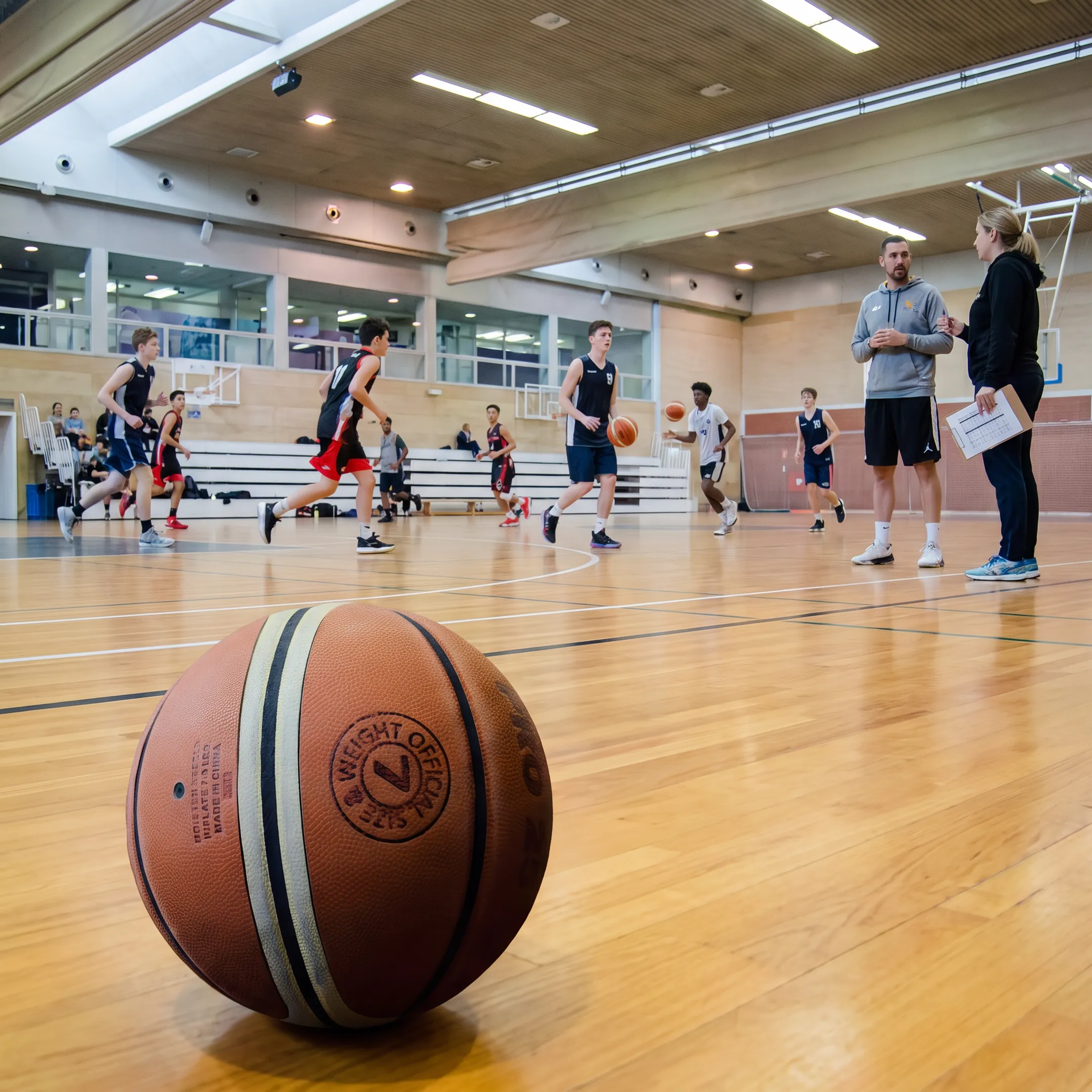 Youth basketball camp participants practicing on an indoor court while an administrator manages registrations